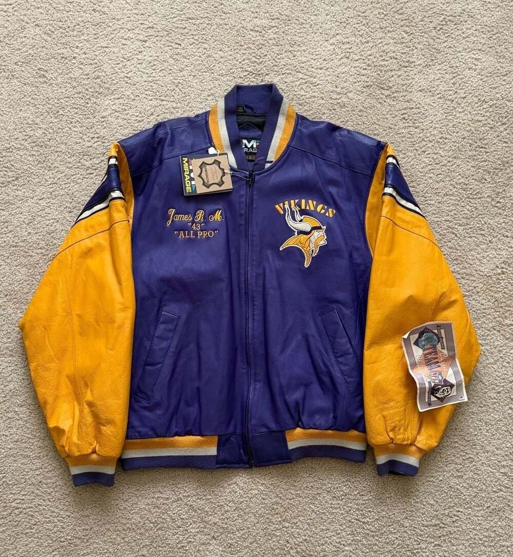 Vintage Mirage Minnesota Vikings Genuine Leather Varsity Bomber Jacket Size L